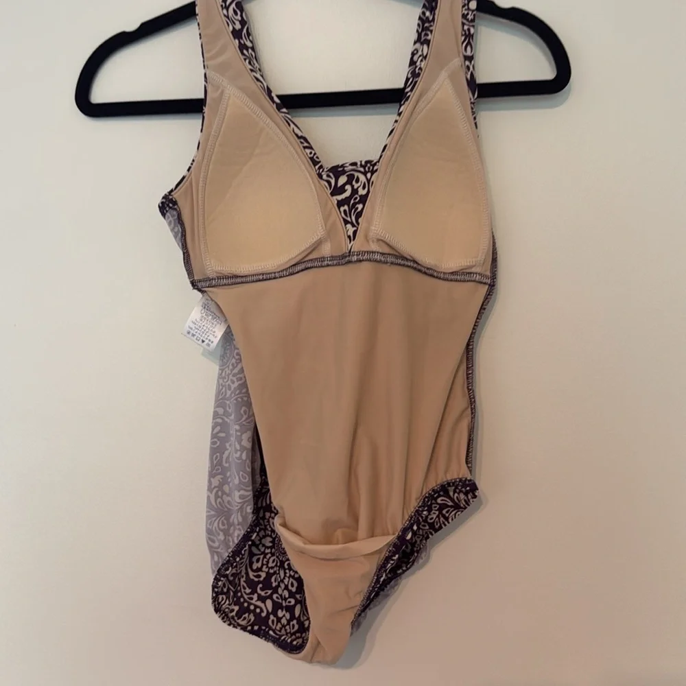 Lands' End Grecian Slender Slendertex One-Piece Swimsuit Purple and Cream‎